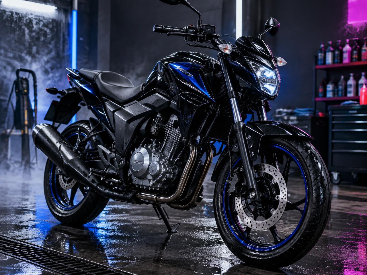 Motocicleta limpa em estúdio automotivo